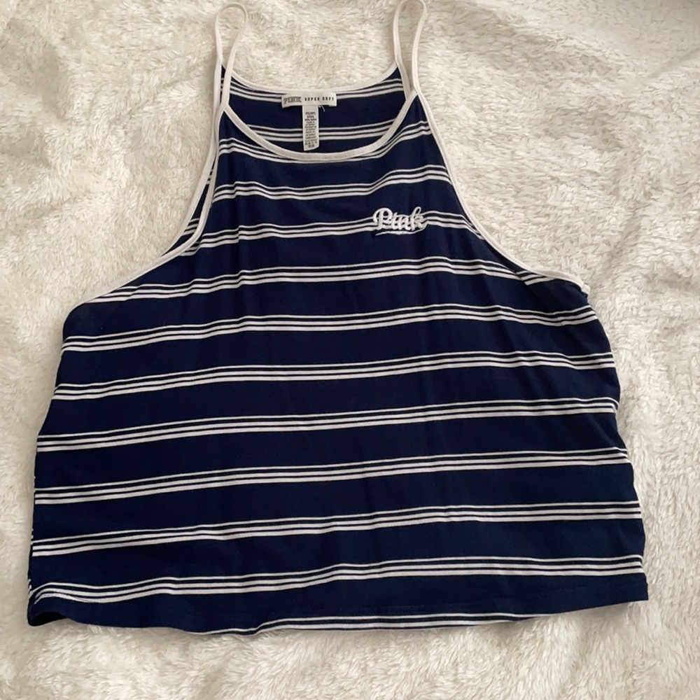 Pink navy blue striped halter top